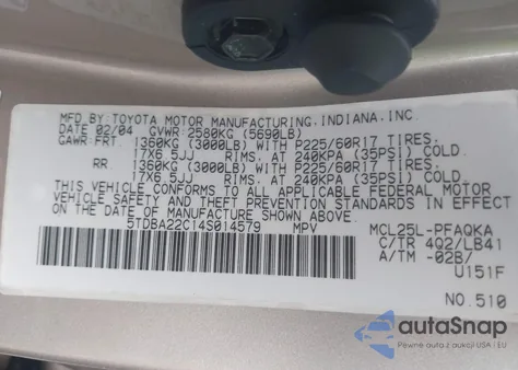 2004 Toyota Sienna Xle Limited from USA, damaged, VIN 5TDBA22C14S014579